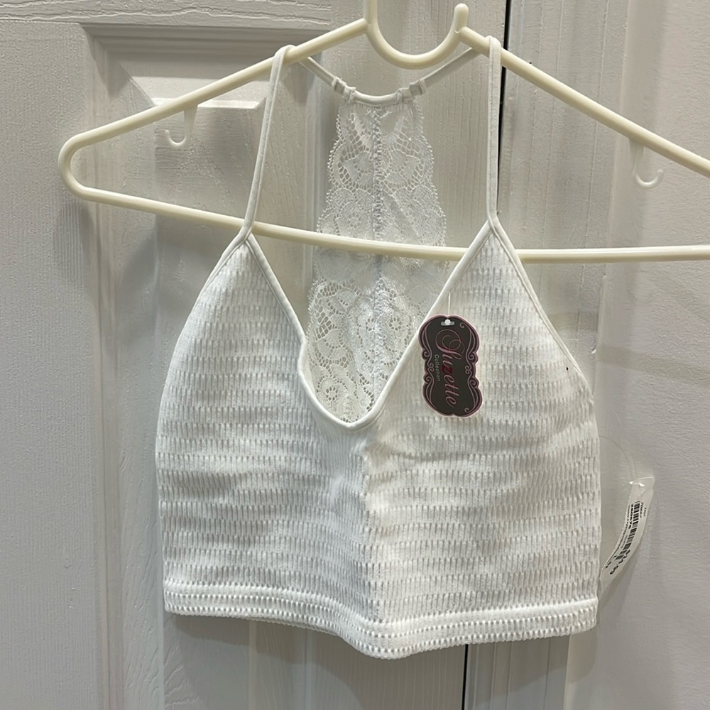 Suzette cropped white racer back tank with lace. New with tag. One size
